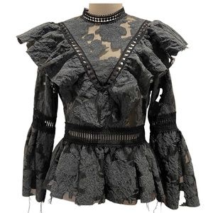 Sea New York Ruffled Lace Peplum Top,Size 4, Black Grey